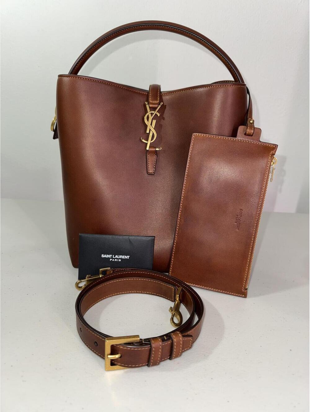 $3100 EUC AUTHENTIC SAINT LAURENT YSL LE 37 LARGE BROWN LEATHER BUCKET BAG PURSE